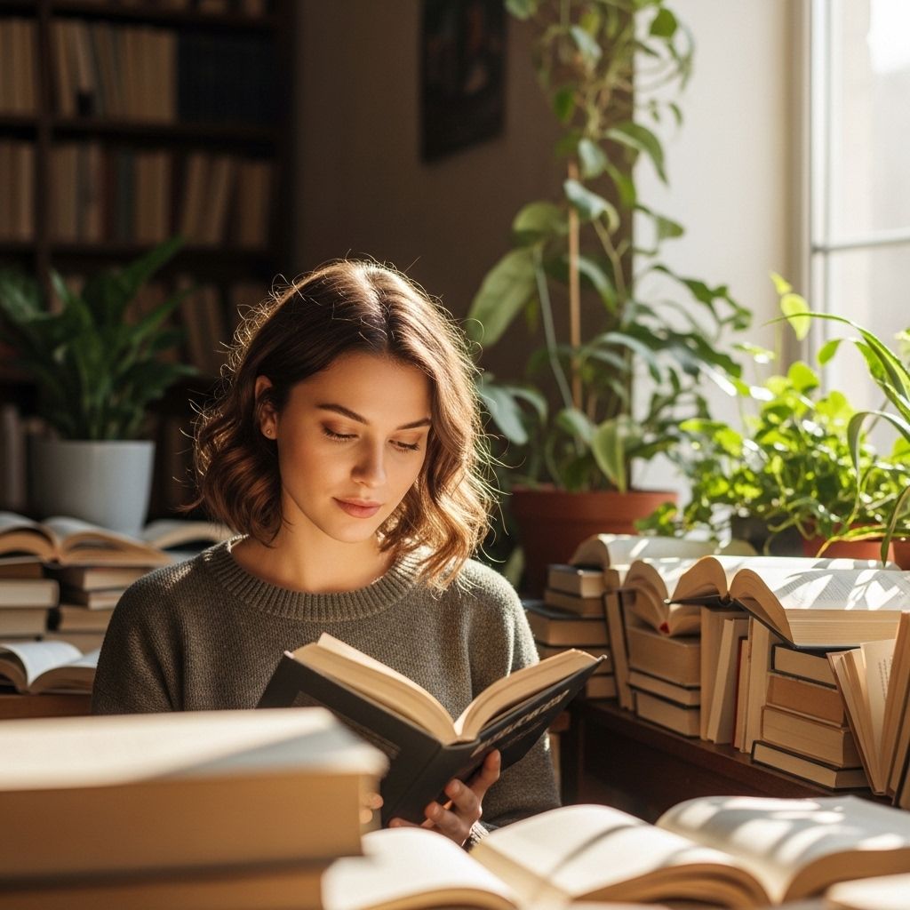Young woman with natural light on her face sitting quietly in a sunlit reading room surrounded by open books and plants, conveying focused calm and intellectual engagement