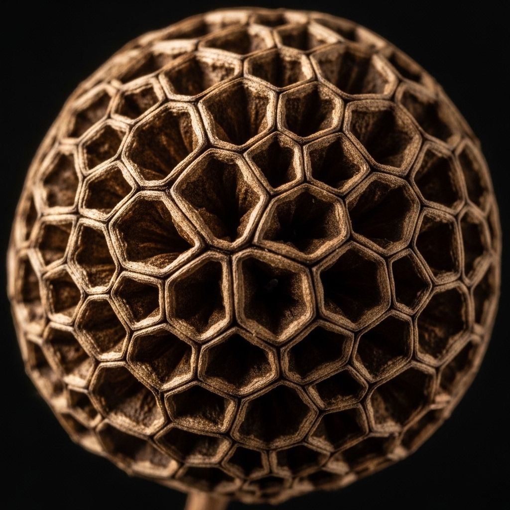 Textured surface of a dried seed pod with geometric patterns, photographed in warm side lighting that emphasises the geometric structure and organic form