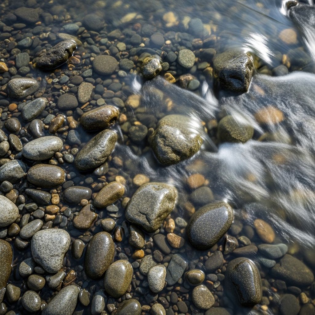 Flowing clear water over smooth river stones photographed from above, with soft refracted light and the gentle motion blur of water suggesting movement and calm